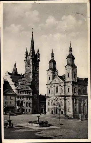 Ak Klatovy Klattau Region Pilsen, Jesuitsky kostel, radnice, Kirche, Rathaus
