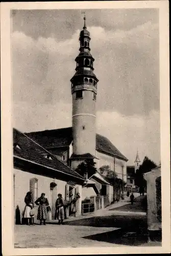 Ak Domažlice Taus Region Pilsen, Turm, Straßenpartie