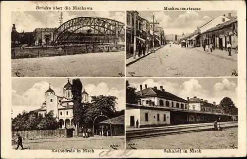 Ak Niš Nisch Serbien, Brücke über die Nischawa, Bahnhof, Kathedrale, Mackensenstraße
