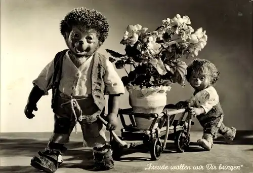 Ak Mecki der Igel, Freude wollen wir Dir bringen, Blumentopf, Igelkind, Handwagen