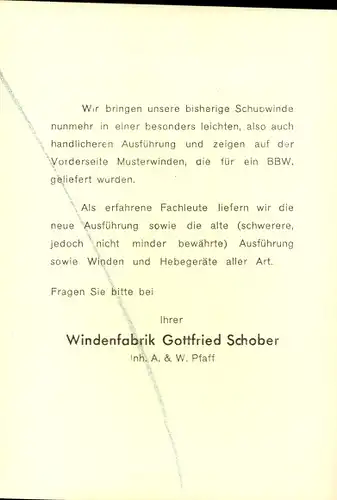 Ak Pfaff Schubwinden, Reklame, Windenfabrik Gottfried Schober