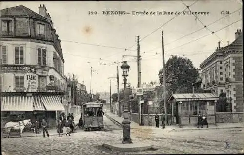 Ak Bezons Val d´Oise, Entree de la Rue de Villeneuve, Tramway, Straßenbahn
