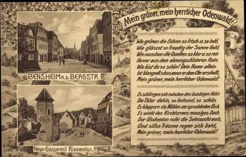 Ak Bensheim an der Bergstraße Hessen, Hauptstraße, Neue Gasse, Rinnentor, Gedicht
