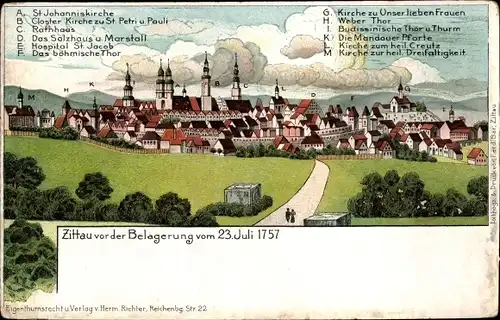 Litho Zittau in Sachsen, Belagerung 23.07.1757, St. Johanniskirche, Kloster, Rathaus, Webertor
