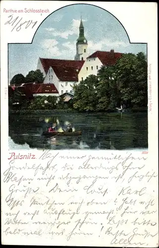 Ak Pulsnitz im Kreis Bautzen, Blick vom Schlossteich auf das Ufer