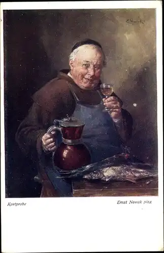 Künstler Ak Nowak, Ernst, Mönch mit Weinglas, Fische, Kostprobe