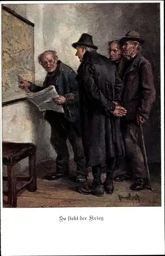 Künstler Ak So steht der Sieg, alte Männer vor einer Landkarte