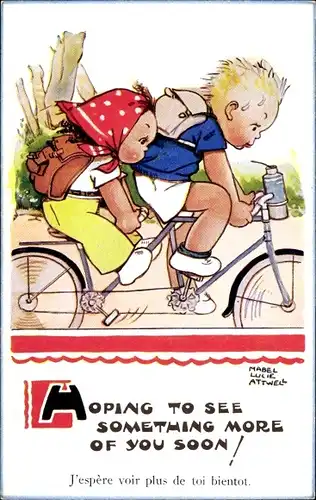 Künstler Ak Attwell, Mabel Lucy, Mädchen und Junge auf einem Fahrrad, Tandem