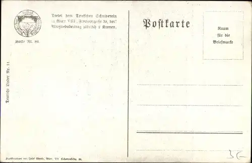 Lied Ak Keinen Tropfen im Becher mehr, Deutscher Schulverein, Deutsche Lieder Nr. 11 Karte 84