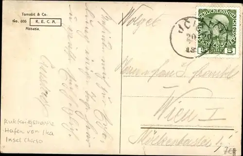 Ak Ičići Ika Kroatien, Blick auf den Ort mit Insel Cherso