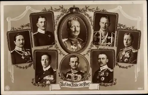 Ak Kaiser Wilhelm II. mit seinen Söhnen, Uniformen, Orden, NPG 4964