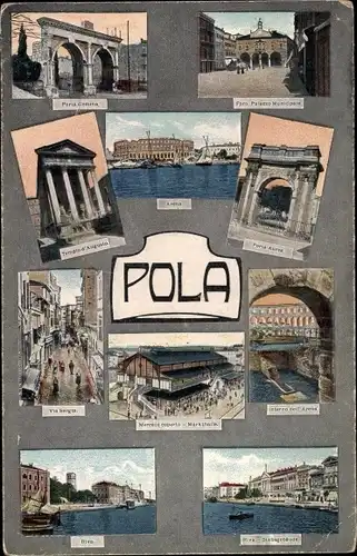 Ak Pola Pula Kroatien, Stadtansichten, Markthalle, Tore