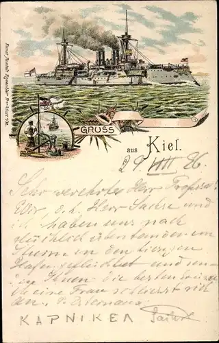 Litho Deutsches Kriegsschiff, Gruß aus Kiel