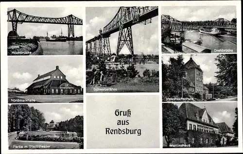 Ak Rendsburg in Schleswig Holstein, Hochbrücke, Schwebefähre, Drehbrücke, Nordmarkhalle, Martinshaus