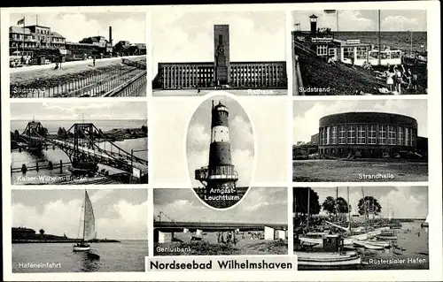 Ak Wilhelmshaven Niedersachsen, Rathaus, Arngast Leuchtturm, Geniusbank, Strandhalle, Hafen, Brücke