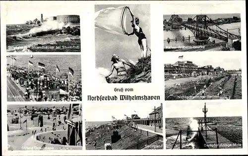 Ak Wilhelmshaven in Niedersachsen, Südstrand, Strandhalle, Kaiser Wilhelm Brücke, Anlegestelle