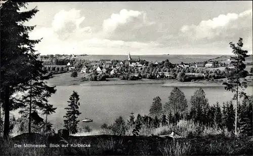 Ak Körbecke Möhnesee in Nordrhein Westfalen, Blick über den See zum Ort