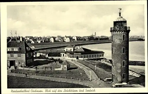 Ak Cuxhaven in Niedersachsen, Blick Leuchtturm und Seedeich