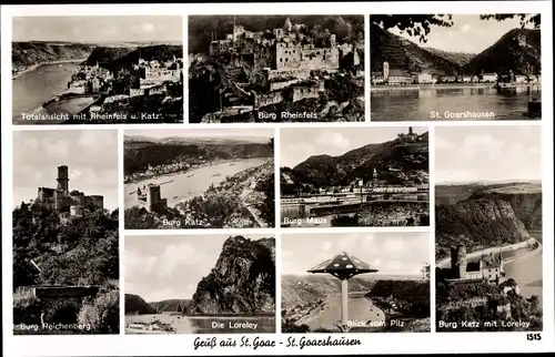 Ak Sankt Goar am Rhein, St. Goarshausen, Burg Katz, Loreley, Burg Reichenberg, Rheinfels
