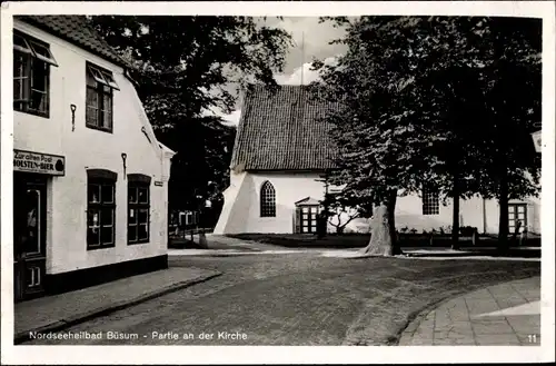 Ak Nordseebad Büsum, Kirche, Gasthaus Zur alten Post, Straßenpartie