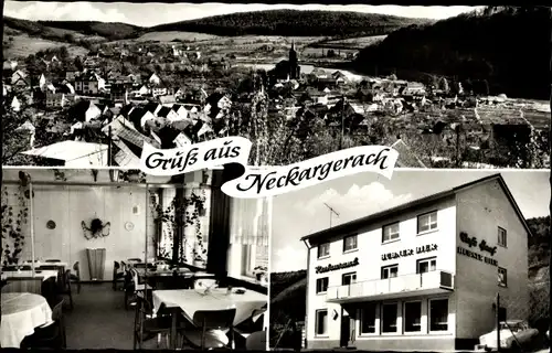 Ak Neckargerach Neckar Odenwald Kreis in Baden Württemberg, Gesamtansicht, Café Haaf, Hauptstr. 1a