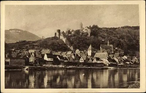 Ak Hirschhorn am Neckar Hessen, Flusspartie mit Blick auf den Ort, Burg