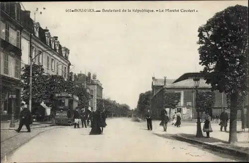 Ak Bourges Cher, Boulevard de la Republique, Le Marche Couvert, tramway