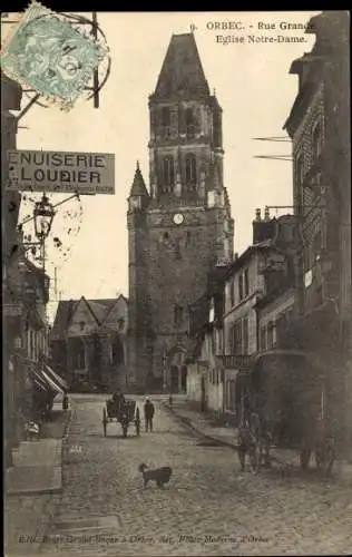 Ak Orbec Calvados, Rue Grande, Eglise Notre Dame, Menuiserie Loudier