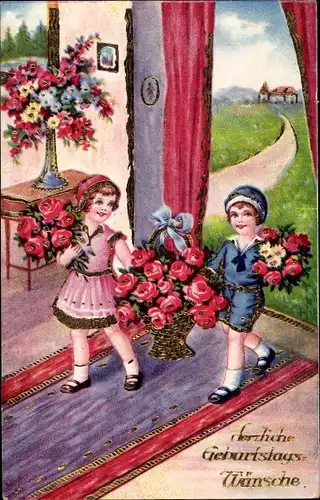 Ak Glückwunsch Geburtstag, Kinder mit Blumenstrauß, Rosenkorb
