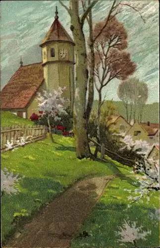 Künstler Ak Dorfmotiv zur Baumblüte, Kirche
