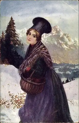 Künstler Ak Bouda, R., Vorarlbergerin, Frau in Tracht, Winter