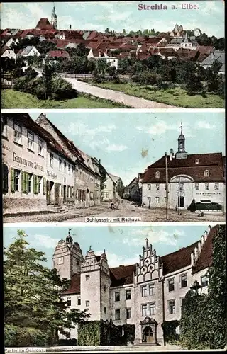 Ak Strehla an der Elbe in Sachsen, Schlossstraße, Rathaus, Schloss, Gasthaus zum Schwan 