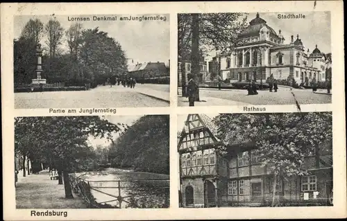 Ak Rendsburg in Schleswig Holstein, Rathaus, Stadthalle, Lornsen Denkmal, Jungfernstieg