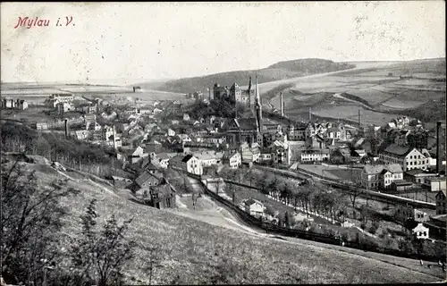 Ak Mylau Reichenbach im Vogtland, Panorama vom Ort, Talblick, Kirche, Burg