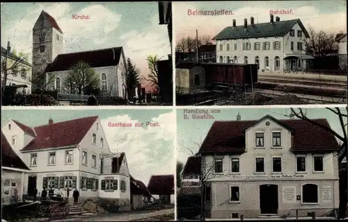 Ak Beimerstetten Baden Württemberg, Bahnhof, Gleisseite, Handlung Gmehlin, Gasthaus Post, Kirche