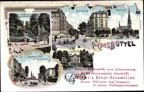 Litho Hamburg Eimsbüttel, Christuskirche, Eppendorferweg, Lappenberg's Allee, Apostelkirche