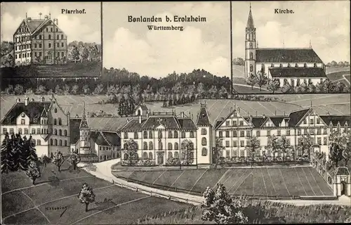 Künstler Ak Bonlanden Berkheim in Oberschwaben, Kirche, Pfarrhof, Teilansicht