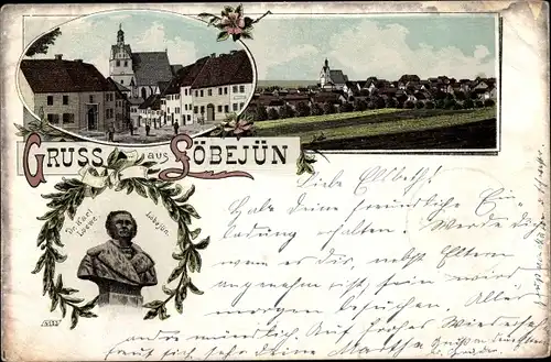 Litho Wettin Löbejün im Saalekreis, Büste Dr. Karl Loewe, Blick auf den Ort