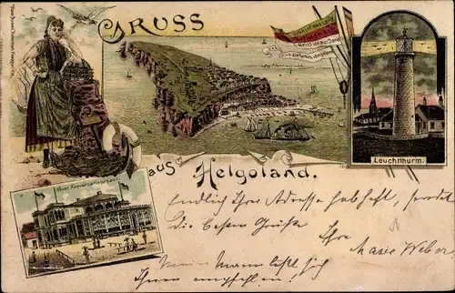 Litho Nordseeinsel Helgoland, Leuchtturm, Totalansicht, Konversationshaus