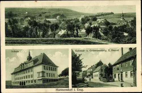 Ak Hormersdorf Zwönitz im Erzgebirge Sachsen, Ortschaft, Schule, Kolonial- und Grünwaren E. Herold