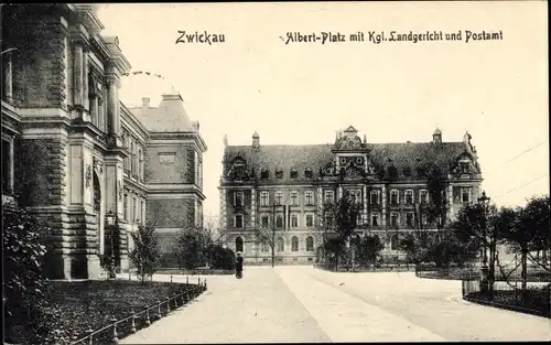 Ak Zwickau in Sachsen, Albertplatz mit Kgl. Landgericht und Postamt