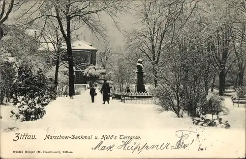 Ak Zittau in der Oberlausitz, Marschner Denkmal und Held's Terrasse, Winter