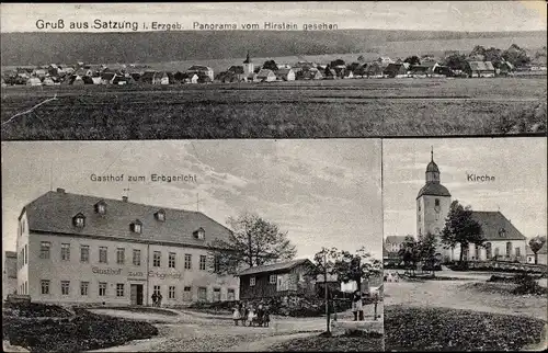 Ak Satzung Marienberg im Erzgebirge, Panorama vom Hirstein gesehen, Gasthof zum Erbgericht, Kirche