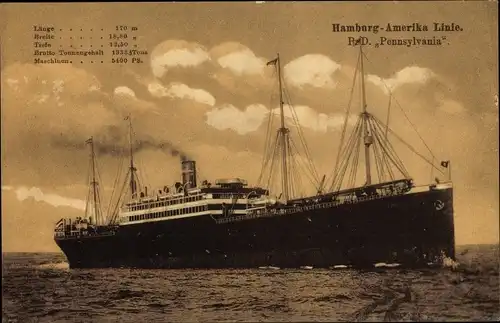 Ak Dampfschiff Pennsylvania, HAPAG, Ansicht Steuerbord