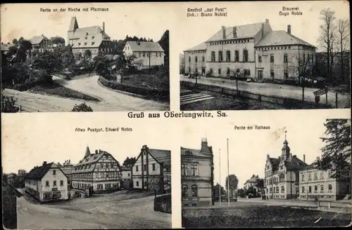 Ak Oberlungwitz Sachsen, Gasthof zur Post, Brauerei Hugo Nobis, Altes Postgut, Rathaus, Pfarrhaus