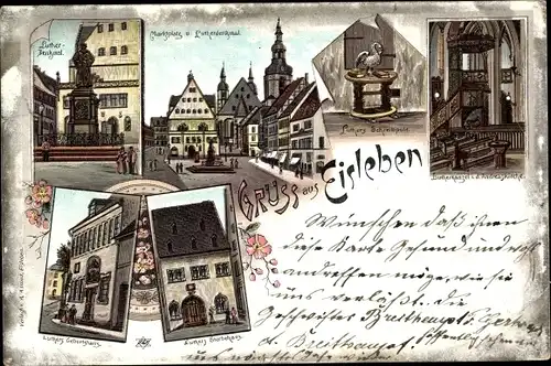 Litho Lutherstadt Eisleben in Sachsen Anhalt, Marktplatz, Lutherdenkmal, Lutherkanzel, Lutherhaus