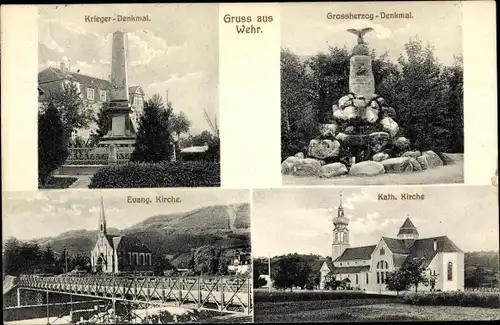 Ak Wehr in Baden, Kriegerdenkmal, Großherzogdenkmal, Ev. Kirche, Kath. Kirche