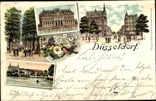 Litho Düsseldorf am Rhein, Hofgarten, Seufzerallee, Ständehaus, Elberfelder Straße