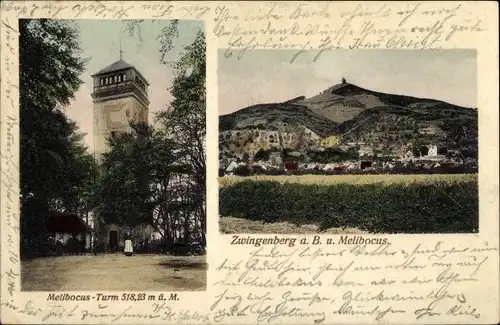 Ak Zwingenberg an der Bergstraße Südhessen, Panorama, Melibocus Turm