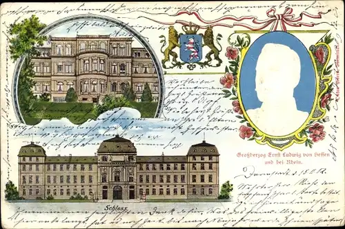 Präge Litho Darmstadt in Hessen, Großherzog Ernst Ludwig von Hessen, Schloss, Wappen